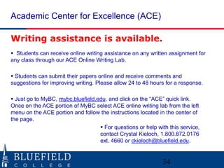 Academic Center for Excellence (ACE)

Writing assistance is available.
 Students can receive online writing assistance on any written assignment for
any class through our ACE Online Writing Lab.

 Students can submit their papers online and receive comments and
suggestions for improving writing. Please allow 24 to 48 hours for a response.

 Just go to MyBC, mybc.bluefield.edu, and click on the “ACE” quick link.
Once on the ACE portion of MyBC select ACE online writing lab from the left
menu on the ACE portion and follow the instructions located in the center of
the page.
                                    For questions or help with this service,
                                   contact Crystal Kieloch, 1.800.872.0176
                                   ext. 4660 or ckieloch@bluefield.edu.


                                                              34
 