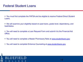 Federal Student Loans


 You must first complete the FAFSA and be eligible to receive Federal Direct Student
Loans.

 We will examine your eligibility based on past loans, grade level, dependency, and
load/status.

 You will need to complete a Loan Request Form and submit it to the Financial Aid
Office.

 You will need to complete a Master Promissory Note at www.studentloans.gov

 You will need to complete Entrance Counseling at www.studentloans.gov




                                                                    14
 