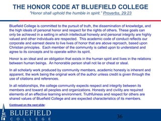 THE HONOR CODE AT BLUEFIELD COLLEGE
               "Honor shall uphold the humble in spirit.” Proverbs, 29:23


Bluefield College is committed to the pursuit of truth, the dissemination of knowledge, and
the high ideals of personal honor and respect for the rights of others. These goals can
only be achieved in a setting in which intellectual honesty and personal integrity are highly
valued and other individuals are respected. This academic code of conduct reflects our
corporate and earnest desire to live lives of honor that are above reproach, based upon
Christian principles. Each member of the community is called upon to understand and
agree to its concepts and to operate within its spirit.
Honor is an ideal and an obligation that exists in the human spirit and lives in the relations
between human beings. An honorable person shall not lie or cheat or steal.
In all scholarly work produced by community members, academic honesty is inherent and
apparent, the work being the original work of the author unless credit is given through the
use of citations and references.
In all relationships, the college community expects respect and integrity between its
members and toward all peoples and organizations. Honesty and civility are required
elements of an effective learning environment. Truthfulness and respect for others are
shared values of Bluefield College and are expected characteristics of its members.
Continued on the next slide:



                                                                       36
 