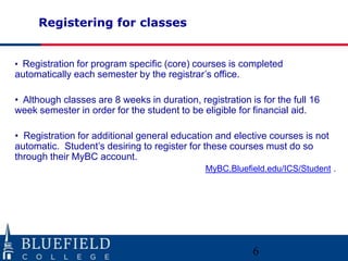 Registering for classes


• Registration for program specific (core) courses is completed
automatically each semester by the registrar‟s office.

• Although classes are 8 weeks in duration, registration is for the full 16
week semester in order for the student to be eligible for financial aid.

• Registration for additional general education and elective courses is not
automatic. Student‟s desiring to register for these courses must do so
through their MyBC account.
                                              MyBC.Bluefield.edu/ICS/Student .




                                                          6
 