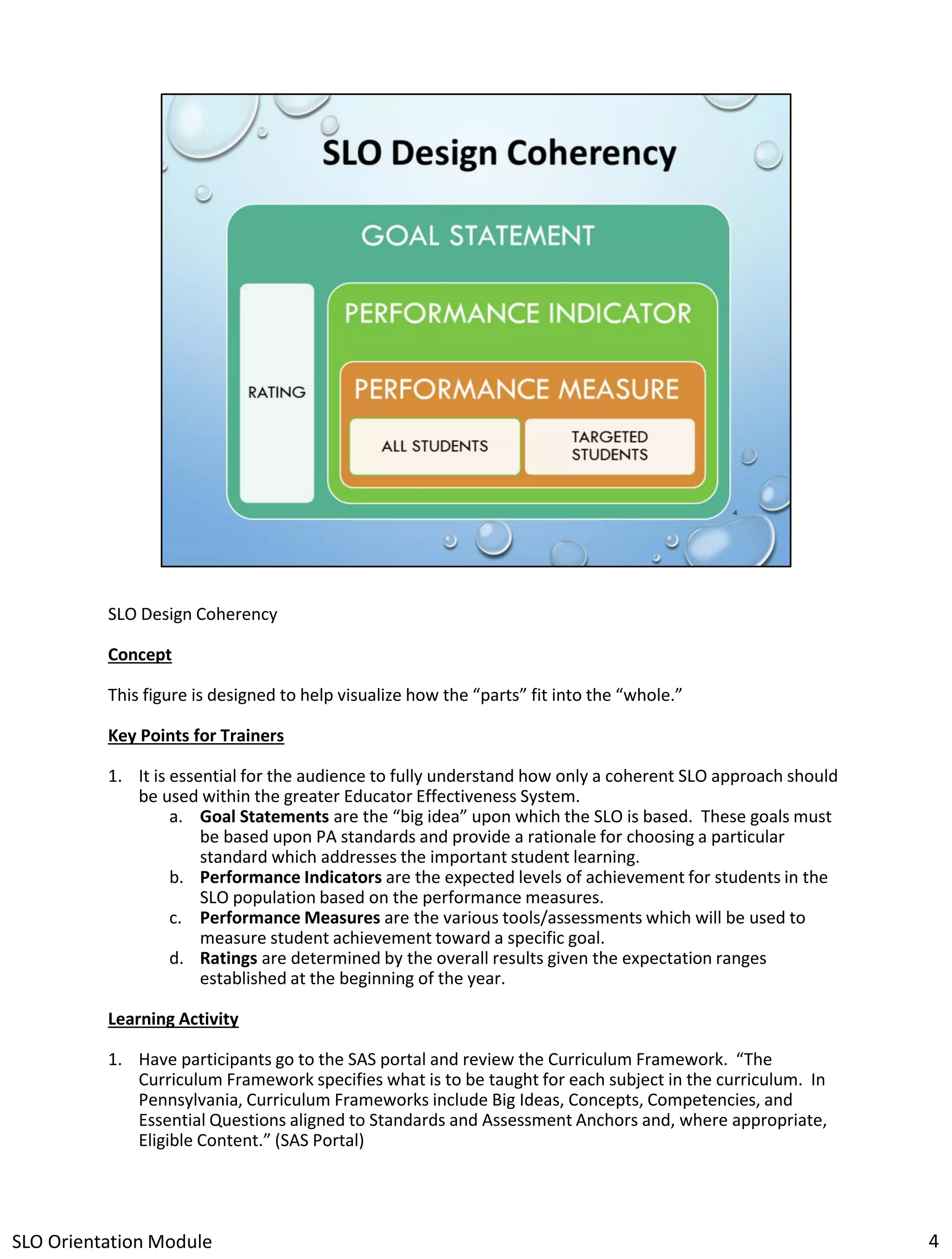 SLO Design Coherency
Concept

This figure is designed to help visualize how the “parts” fit into the “whole.”
Key Points for Trainers
1. It is essential for the audience to fully understand how only a coherent SLO approach should
be used within the greater Educator Effectiveness System.
a. Goal Statements are the “big idea” upon which the SLO is based. These goals must
be based upon PA standards and provide a rationale for choosing a particular
standard which addresses the important student learning.
b. Performance Indicators are the expected levels of achievement for students in the
SLO population based on the performance measures.
c. Performance Measures are the various tools/assessments which will be used to
measure student achievement toward a specific goal.
d. Ratings are determined by the overall results given the expectation ranges
established at the beginning of the year.
Learning Activity
1. Have participants go to the SAS portal and review the Curriculum Framework. “The
Curriculum Framework specifies what is to be taught for each subject in the curriculum. In
Pennsylvania, Curriculum Frameworks include Big Ideas, Concepts, Competencies, and
Essential Questions aligned to Standards and Assessment Anchors and, where appropriate,
Eligible Content.” (SAS Portal)

SLO Orientation Module

4

 