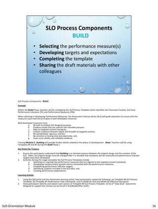 SLO Process Components: BUILD
Concept
Within the Build Phase, teachers will be completing the SLO Process Template which identifies the Classroom Context, SLO Goal,
Performance Indicators (PI), and Performance Measures (PM).
When selecting or developing Performance Measures, the Assessment Literacy Series (ALS) will guide educators to ensure that the
measures used meet the principles of well-developed measures.
Well-developed measures must:
a.
Be built to achieve the designed purpose;
b.
Produce results that are used for the intended purpose;
c.
Align to targeted content standards;
d.
Contain a balance between depth and breadth of targeted content;
e.
Be standardized, rigorous, and fair;
f.
Be sensitive to testing time and objectivity; and,
g.
Have score validity and reliability evidence.
Training Module 2: Building will provide further details related to this phase of development. [Note: Teachers will be using
Templates #4 and #5 during the Build Phase.]
Key Points for Trainers
1.
2.

Ensure the participants understand that Building is an iterative process between the original design and the creation of the
SLO. Often, the original design must be changed after it is decided how standards will be measured and performance indicator
targets have been developed.
Activities during this stage [complete the SLO Process Template] include:
a.
Selecting (or creating) the performance measures that are aligned to the targeted content standards;
b.
Developing mastery and/or growth metrics associated with the performance measures;
c.
Establishing performance indicator targets;
d.
Identifying students included in the SLO data; and,
e.
Creating performance expectations.

Learning Activity
1.
2.

Using the SAS portal and the Homeroom learning portal, have participants review the following: (a) Template #4 SLO Process
Template, (b) Template #5 Performance Task Framework, and (c) Model #1 (Art) and Model #2 (Physical Education).
Have participants identify and explain each section of Template #4 SLO Process Template. (A list of “Help Desk” statements
designed to support this activity can be found in SLO/Build/Other Stuff.)

SLO Orientation Module

16

 
