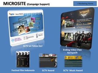 MICROSITE (Campaign Support)                              < Marketing Home



                                     Microsite




                SCTV on Yahoo Go!
                                             Ending Video Clips
                                                 Kerispatih




     Festival Film Indonesia    SCTV Award   SCTV Music Award
 