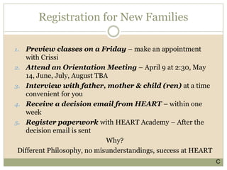 What does HEART have to offer?Mentors who are passionate about what they teach!Summer classesUpper Academy Classes, grades 7-12 togetherLower Academy Classes, grades 3-6 togetherHonors courses in certain high school classesStudy Hall where students can stay when not in a classroom.J