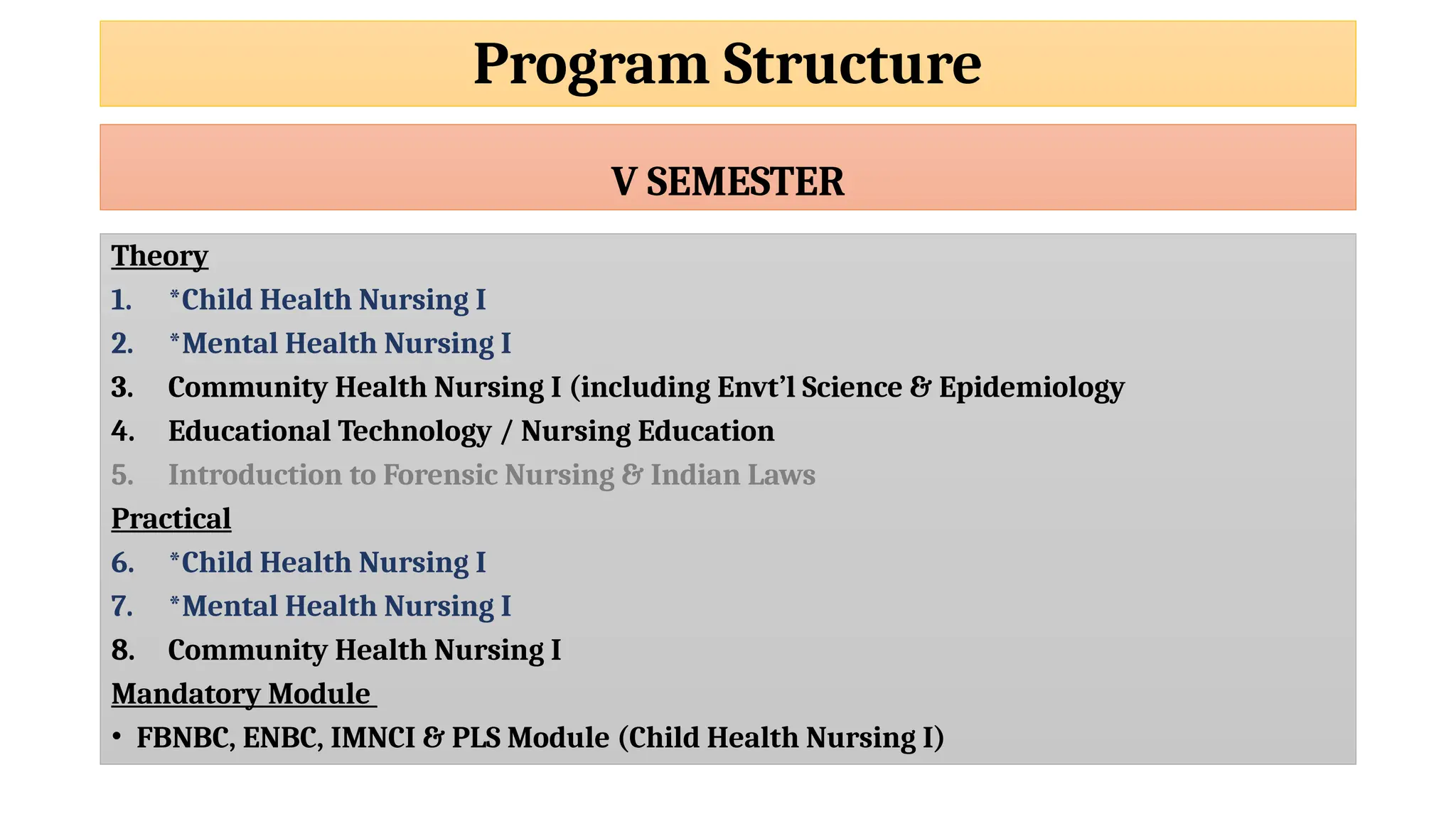 Program Structure
V SEMESTER
Theory
1. *Child Health Nursing I
2. *Mental Health Nursing I
3. Community Health Nursing I (including Envt’l Science & Epidemiology
4. Educational Technology / Nursing Education
5. Introduction to Forensic Nursing & Indian Laws
Practical
6. *Child Health Nursing I
7. *Mental Health Nursing I
8. Community Health Nursing I
Mandatory Module
• FBNBC, ENBC, IMNCI & PLS Module (Child Health Nursing I)
 