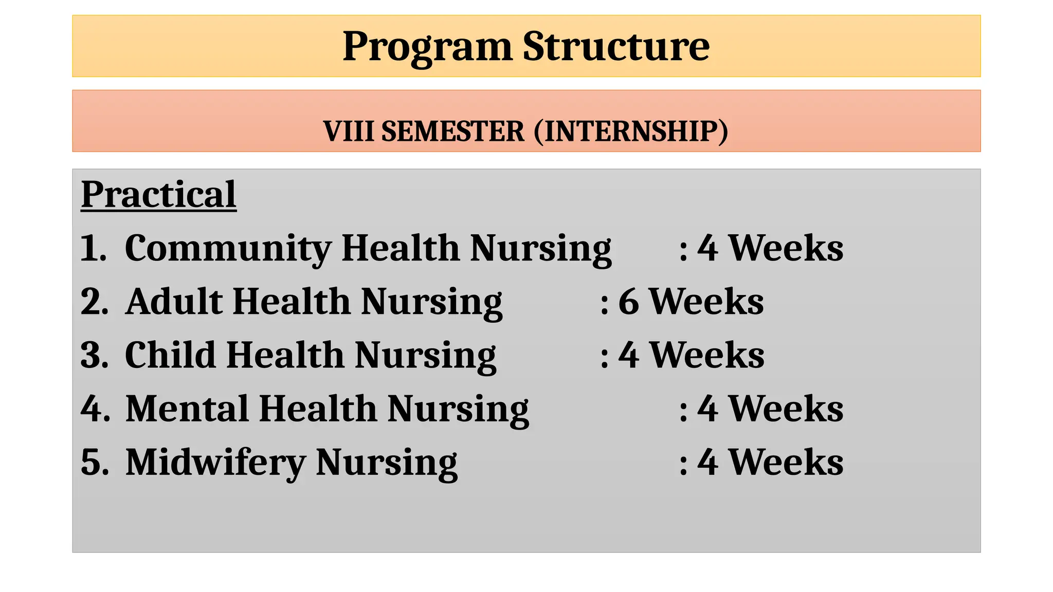 Program Structure
VIII SEMESTER (INTERNSHIP)
Practical
1. Community Health Nursing : 4 Weeks
2. Adult Health Nursing : 6 Weeks
3. Child Health Nursing : 4 Weeks
4. Mental Health Nursing : 4 Weeks
5. Midwifery Nursing : 4 Weeks
 