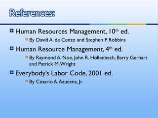    Human Resources Management, 10th ed.
          By David A. de Cenzo and Stephen P. Robbins
   Human Resource Management, 4th ed.
          By Raymond A. Noe, John R. Hollenbech, Barry Gerhart
           and Patrick M. Wright
   Everybody’s Labor Code, 2001 ed.
          By Cesario A. Azucena, Jr.
 
