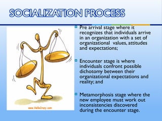    Pre arrival stage where it
    recognizes that individuals arrive
    in an organization with a set of
    organizational values, attitudes
    and expectations;

   Encounter stage is where
    individuals confront possible
    dichotomy between their
    organizational expectations and
    reality; and

   Metamorphosis stage where the
    new employee must work out
    inconsistencies discovered
    during the encounter stage.
 