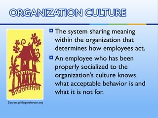  The system sharing meaning
                                within the organization that
                                determines how employees act.
                               An employee who has been
                                properly socialized to the
                                organization’s culture knows
                                what acceptable behavior is and
                                what it is not for.
Source: philippineforum.org
 