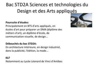 Bac STD2A Sciences et technologies du Design et des Arts appliqués Poursuite d'études:  Principalement en BTS d’arts appliqués, en écoles d'art pour préparer un DMA (diplôme des métiers d'art), un diplôme d'école, de communication visuelle, de design...  Débouchés du bac STD2A:  En architecture intérieure, en design industriel, dans la publicité, l'édition, la mode... 0ù?  Notamment au Lycée Léonard de Vinci d’Antibes 