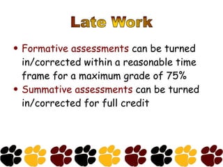 Formative assessments  can be turned in/corrected within a reasonable time frame for a maximum grade of 75% Summative assessments  can be turned in/corrected for full credit 