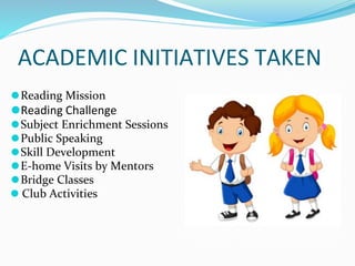 ACADEMIC INITIATIVES TAKEN
⚫Reading Mission
⚫Reading Challenge
⚫Subject Enrichment Sessions
⚫Public Speaking
⚫Skill Development
⚫E-home Visits by Mentors
⚫Bridge Classes
⚫ Club Activities
 