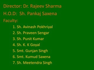 Director: Dr. Rajeev Sharma
H.O.D: Sh. Pankaj Saxena
Faculty:
1. Sh. Avinash Pokhriyal
2. Sh. Praveen Sengar
3. Sh. Punit Kumar
4. Sh. K. K Goyal
5. Smt. Gunjan Singh
6. Smt. Kumud Saxena
7. Sh. Meetendra Singh
 