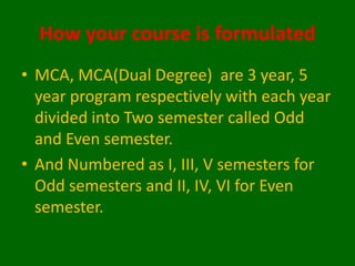 How your course is formulated
• MCA, MCA(Dual Degree) are 3 year, 5
year program respectively with each year
divided into Two semester called Odd
and Even semester.
• And Numbered as I, III, V semesters for
Odd semesters and II, IV, VI for Even
semester.
 