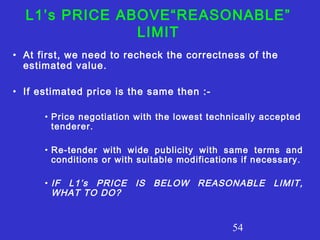 54
L1’s PRICE ABOVE“REASONABLE”
LIMIT
• At first, we need to recheck the correctness of the
estimated value.
• If estimated price is the same then :-
• Price negotiation with the lowest technically accepted
tenderer.
• Re-tender with wide publicity with same terms and
conditions or with suitable modifications if necessary.
• IF L1’s PRICE IS BELOW REASONABLE LIMIT,
WHAT TO DO?
 