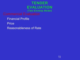72
Commercial Evaluation
Financial Profile
Price
Reasonableness of Rate
TENDER
EVALUATION
(Two Envelop Model)
 
