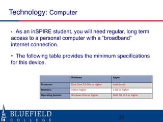 Technology: Computer

• As an inSPIRE student, you will need regular, long term
access to a personal computer with a “broadband”
internet connection.

• The following table provides the minimum specifications
for this device.

                                Windows                       Apple

            Processor:          Dual Core 2.0 GHz or higher   Intel-based
            Memory:             2GB or higher                 2 GB or higher
            Operating System:   Windows Vista or higher       MAC OS 10.5 or higher




                                                                  23
 