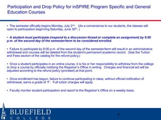 Participation and Drop Policy for inSPIRE Program Specific and General
Education Courses

• The semester officially begins Monday, July 2nd. (As a convenience to our students, the classes will
open to participation beginning Saturday, June 30th. )

• A student must participate (respond to a discussion thread or complete an assignment) by 9:00
p.m. of the second day of the semester/term to be considered enrolled.

• Failure to participate by 9:00 p.m. of the second day of the semester/term will result in an administrative
withdrawal and courses will be deleted from the student‟s permanent academic record. (See the Tuition
and Fees section of the catalog for the refund policy.)

• Once a student participates in an online course, it is his or her responsibility to withdraw from the college
or drop a course by officially notifying the Registrar‟s Office in writing. Charges and financial aid will be
adjusted according to the refund policy (prorated) at that point.

• Once enrollment has begun, failure to continue participating in class, without official notification of
withdrawal, earns a grade of „F‟. Full tuition charges will apply.

• Faculty monitor student participation and report to the Registrar‟s Office on a weekly basis.




                                                                                    7
 