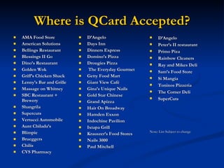 AMA Food Store American Solutions Bellings Restaurant Blessings II Go Dino’s Restaurant Golden Wok Griff’s Chicken Shack Lenny’s Bar and Grille Massage on Whitney SBC Restaurant + Brewery Shangrila Supercuts Vertucci Automobile Aunt Chilada’s Blimpie Brueggers Chilis CVS Pharmacy D’Angelo Days Inn Dinners Express Domino’s Pizza Drougies Pizza   The Everyday Gourmet Getty Food Mart Giant View Café Gina’s Unique Nails Gold Star Chinese Grand Apizza Hair On Broadway Hamden Exxon Indochine Pavilion Ixtapa Grill Krauszer’s Food Stores Nails 3000 Paul Mitchell Where is QCard Accepted? D’Angelo Peter’s II restaurant Primo Piza Rainbow Cleaners Ray and Mikes Deli Sam’s Food Store Si Mangia Toninos Pizzeria The Corner Deli SuperCuts Note: List Subject to change 