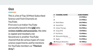 Q10
This is a list of Top 10 Most Subscribed
Science and Tech Channels on
YouTube.
First one is an Indian YouTube
personality based in the UAE who
reviews mobiles and accessories. His intro
is copied and mocked a lot.
Second one is another YouTube
channel that do various types of crazy
science experiments and he mentions
his YouTube members as “Titanium
Army”.
 