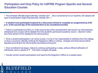 Participation and Drop Policy for inSPIRE Program Specific and General
Education Courses

• The semester officially begins Monday, October 22nd. (As a convenience to our students, the classes will
open to participation beginning Saturday, October 20th. )

• A student must participate (respond to a discussion thread or complete an assignment) by 9:00
p.m. of the second day of the semester/term to be considered enrolled.

• Failure to participate by 9:00 p.m. of the second day of the semester/term will result in an administrative
withdrawal and courses will be deleted from the student‟s permanent academic record. (See the Tuition
and Fees section of the catalog for the refund policy.)

• Once a student participates in an online course, it is his or her responsibility to withdraw from the college
or drop a course by officially notifying the Registrar‟s Office in writing. Charges and financial aid will be
adjusted according to the refund policy (prorated) at that point.

• Once enrollment has begun, failure to continue participating in class, without official notification of
withdrawal, earns a grade of „F‟. Full tuition charges will apply.

• Faculty monitor student participation and report to the Registrar‟s Office on a weekly basis.




                                                                                    7
 