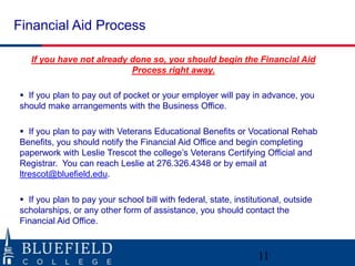 Financial Aid Process

   If you have not already done so, you should begin the Financial Aid
                           Process right away.

 If you plan to pay out of pocket or your employer will pay in advance, you
should make arrangements with the Business Office.

 If you plan to pay with Veterans Educational Benefits or Vocational Rehab
Benefits, you should notify the Financial Aid Office and begin completing
paperwork with Leslie Trescot the college‟s Veterans Certifying Official and
Registrar. You can reach Leslie at 276.326.4348 or by email at
ltrescot@bluefield.edu.

 If you plan to pay your school bill with federal, state, institutional, outside
scholarships, or any other form of assistance, you should contact the
Financial Aid Office.



                                                                  11
 