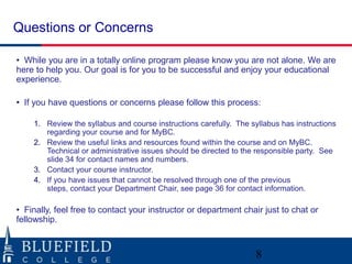 Questions or Concerns

• While you are in a totally online program please know you are not alone. We are
here to help you. Our goal is for you to be successful and enjoy your educational
experience.

• If you have questions or concerns please follow this process:

    1. Review the syllabus and course instructions carefully. The syllabus has instructions
       regarding your course and for MyBC.
    2. Review the useful links and resources found within the course and on MyBC.
       Technical or administrative issues should be directed to the responsible party. See
       slide 34 for contact names and numbers.
    3. Contact your course instructor.
    4. If you have issues that cannot be resolved through one of the previous
       steps, contact your Department Chair, see page 36 for contact information.

• Finally, feel free to contact your instructor or department chair just to chat or
fellowship.



                                                                   8
 