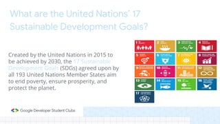What are the United Nations’ 17
Sustainable Development Goals?
Created by the United Nations in 2015 to
be achieved by 2030, the 17 Sustainable
Development Goals (SDGs) agreed upon by
all 193 United Nations Member States aim
to end poverty, ensure prosperity, and
protect the planet.
 