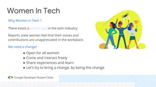 Why Women in Tech ?
There exists a gender gap in the tech industry.
Reports state women feel that their voices and
contributions are unappreciated in the workplace.
We need a change!
● Open for all women
● Come and interact freely
● Share experiences and learn
● Let’s try to bring a change, by being the change
Women In Tech
 