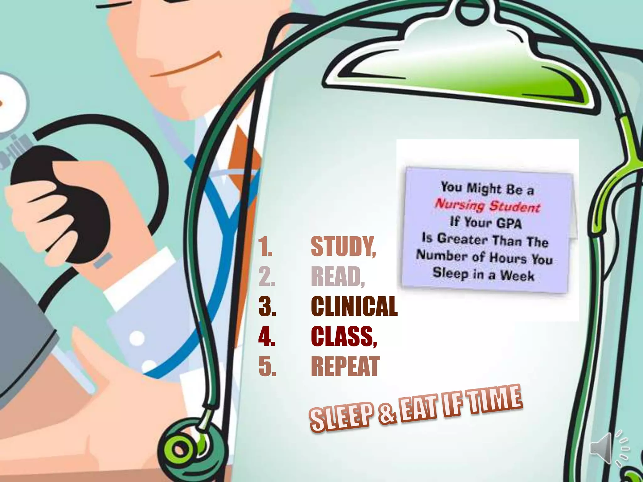 1.   STUDY,
2.   READ,
3.   CLINICAL
4.   CLASS,
5.   REPEAT
 