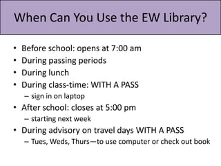 Other Resources We OfferTextbooks and some other suppliesLoaned for collateralMagazines to cut upLocated under newspaper rack (do NOT cut up new magazines)Copy machine$0.10 per copyPencil sharpener, hold punch, stapler at front deskShow ID card to check out books for 2 weeks.