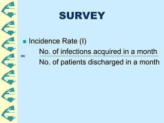 SURVEY
 Incidence Rate (I)
No. of infections acquired in a month
No. of patients discharged in a month
=
 