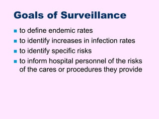 Goals of Surveillance
 to define endemic rates
 to identify increases in infection rates
 to identify specific risks
 ...