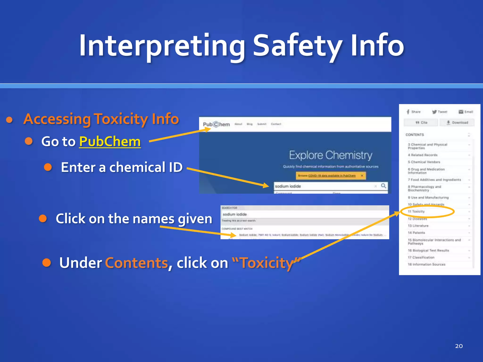 20
Interpreting Safety Info
● AccessingToxicity Info
● Go to PubChem
 Click on the names given
 Under Contents, click on “Toxicity”
 Enter a chemical ID
 