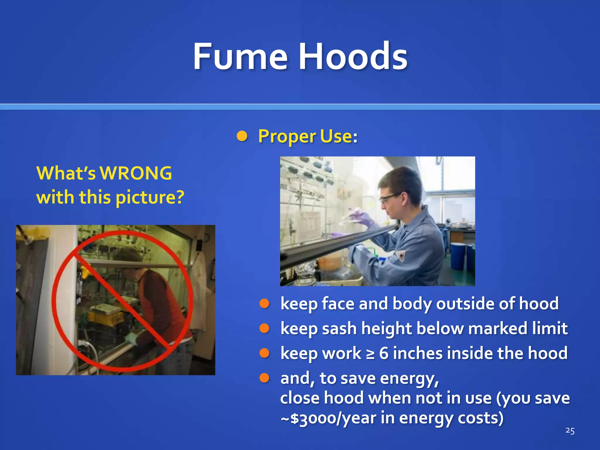 Fume Hoods
 Proper Use:
 keep face and body outside of hood
 keep sash height below marked limit
 keep work ≥ 6 inches inside the hood
 and, to save energy,
close hood when not in use (you save
~$3000/year in energy costs)
25
What’s WRONG
with this picture?
 