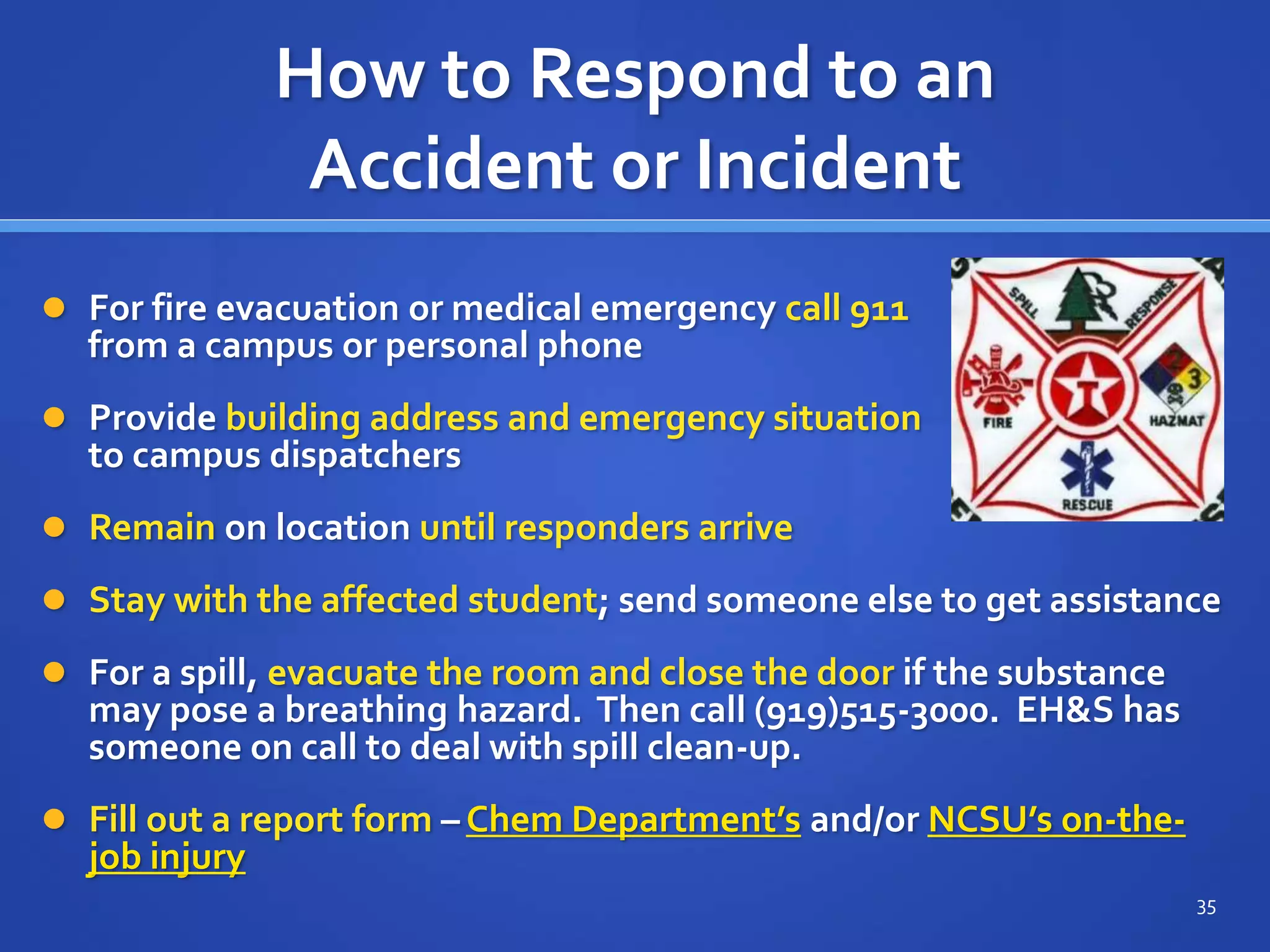 How to Respond to an
Accident or Incident
 For fire evacuation or medical emergency call 911
from a campus or personal phone
 Provide building address and emergency situation
to campus dispatchers
 Remain on location until responders arrive
 Stay with the affected student; send someone else to get assistance
 For a spill, evacuate the room and close the door if the substance
may pose a breathing hazard. Then call (919)515-3000. EH&S has
someone on call to deal with spill clean-up.
 Fill out a report form – Chem Department’s and/or NCSU’s on-the-
job injury
35
 