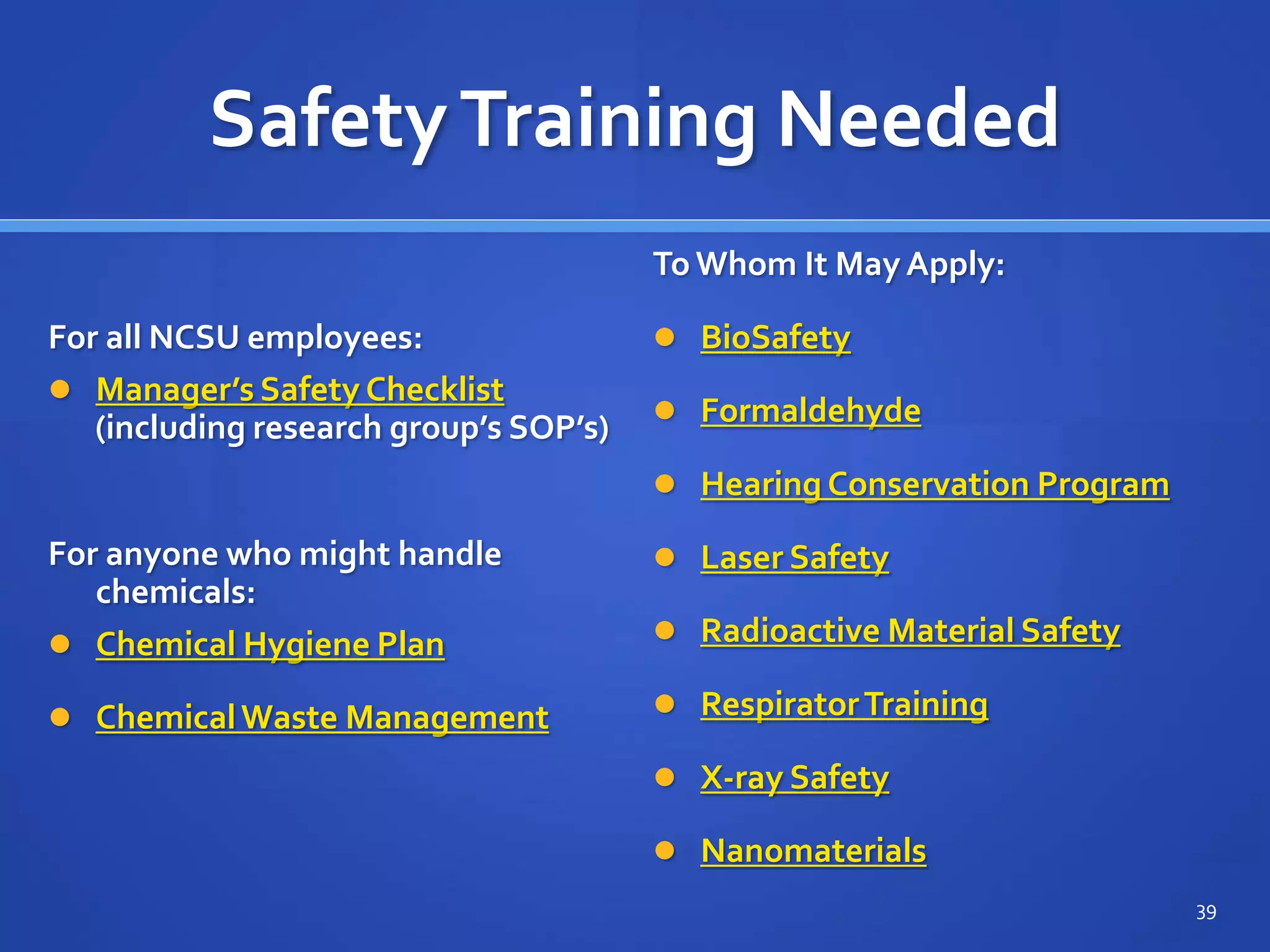 SafetyTraining Needed
For all NCSU employees:
 Manager’s Safety Checklist
(including research group’s SOP’s)
For anyone who might handle
chemicals:
 Chemical Hygiene Plan
 ChemicalWaste Management
To Whom It May Apply:
 BioSafety
 Formaldehyde
 Hearing Conservation Program
 Laser Safety
 Radioactive Material Safety
 RespiratorTraining
 X-ray Safety
 Nanomaterials
39
 