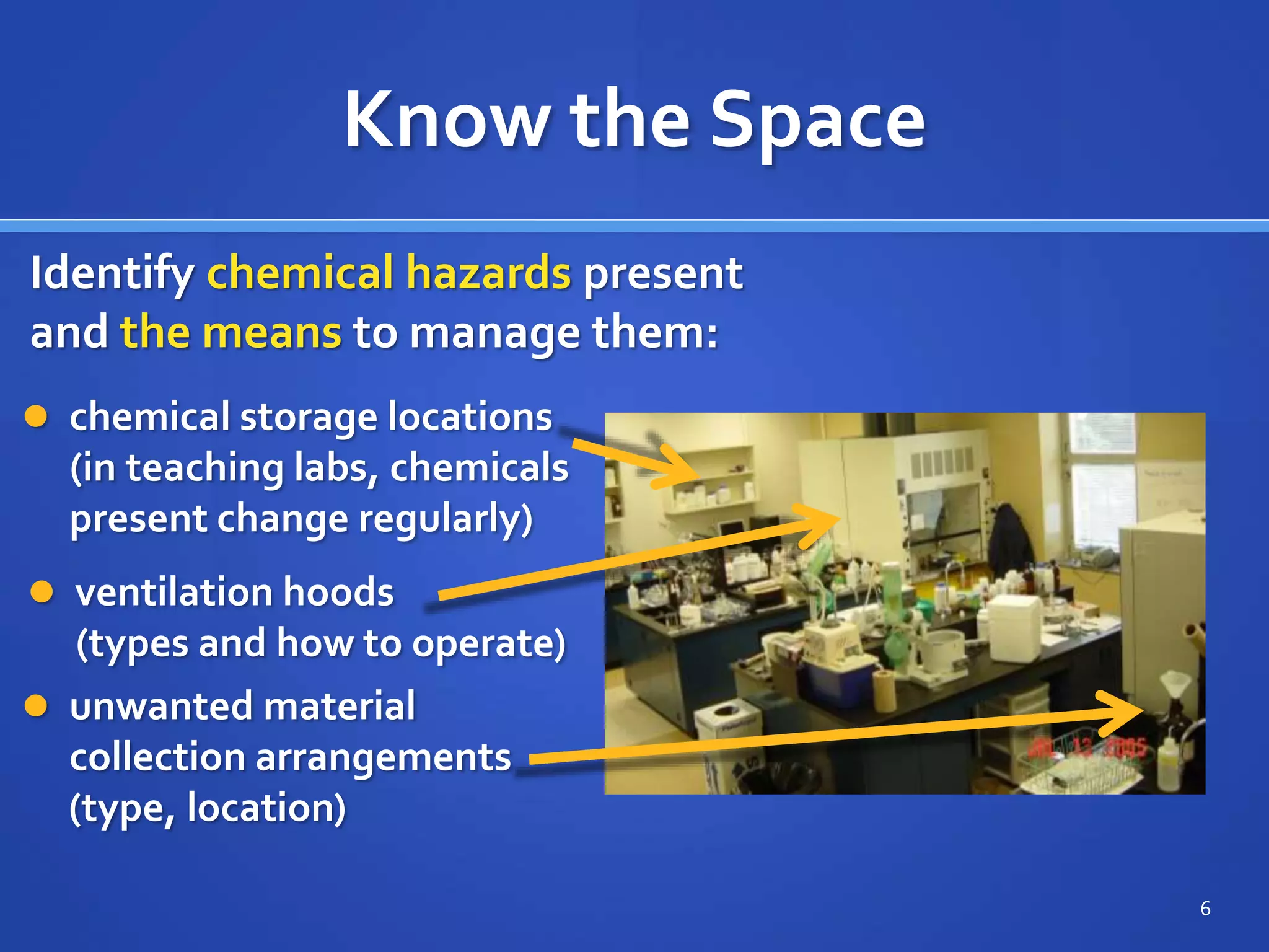 Know the Space
 chemical storage locations
(in teaching labs, chemicals
present change regularly)
6
Identify chemical hazards present
and the means to manage them:
 unwanted material
collection arrangements
(type, location)
 ventilation hoods
(types and how to operate)
 