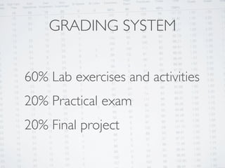 GRADING SYSTEM


60% Lab exercises and activities
20% Practical exam
20% Final project
 