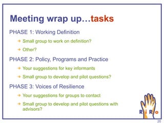 Meeting wrap up… tasks PHASE 1: Working Definition Small group to work on definition? Other? PHASE 2: Policy, Programs and Practice Your suggestions for key informants Small group to develop and pilot questions? PHASE 3: Voices of Resilience Your suggestions for groups to contact Small group to develop and pilot questions with advisors? 