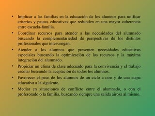 •   Implicar a las familias en la educación de los alumnos para unificar
    criterios y pautas educativas que redunden en una mayor coherencia
    entre escuela-familia.
•   Coordinar recursos para atender a las necesidades del alumnado
    buscando la complementariedad de perspectivas de los distintos
    profesionales que intervengan.
•   Atender a los alumnos que presenten necesidades educativas
    especiales buscando la optimización de los recursos y la máxima
    integración del alumnado.
•   Propiciar un clima de clase adecuado para la convivencia y el trabajo
    escolar buscando la aceptación de todos los alumnos.
•   Favorecer el paso de los alumnos de un ciclo a otro y de una etapa
    educativa a la siguiente.
•   Mediar en situaciones de conflicto entre el alumnado, o con el
    profesorado o la familia, buscando siempre una salida airosa al mismo.
 