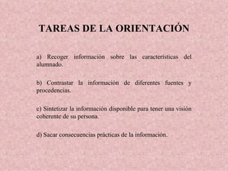 TAREAS DE LA ORIENTACIÓN

a) Recoger información sobre las características del
alumnado.

b) Contrastar la información de diferentes fuentes y
procedencias.

c) Sintetizar la información disponible para tener una visión
coherente de su persona.

d) Sacar consecuencias prácticas de la información.
 
