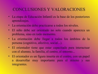CONCLUSIONES Y VALORACIONES
• La etapa de Educación Infantil es la base de los posteriores
  aprendizajes.
• La orientación debe practicarse a todos los niveles.
• El niño debe ser orientado no solo cuando aparezca un
  problema, sino en todo momento.
• La orientación debe llegar a todos los ámbitos de la
  persona (cognitivo, afectivo, social...).
• El orientador tiene que estar capacitado para interactuar
  con el alumno, la familia, el centro, el entorno...
• El orientador es un figura inserta en el centro, con un papel
  a desarrollar muy importante para el mismo y sus
  integrantes.
 