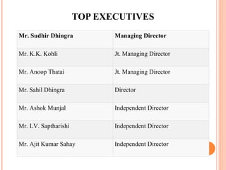 TOP EXECUTIVES Mr. Sudhir Dhingra Managing Director Mr. K.K. Kohli Jt. Managing Director Mr. Anoop Thatai Jt. Managing Director Mr. Sahil Dhingra Director Mr. Ashok Munjal Independent Director Mr. LV. Saptharishi Independent Director Mr. Ajit Kumar Sahay Independent Director 