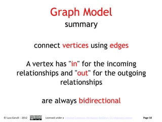 Graph Model
                                           summary

                        connect vertices using edges

              A vertex has "in" for the incoming
           relationships and "out" for the outgoing
                         relationships

                          are always bidirectional

© Luca Garulli - 2012      Licensed under a Creative Commons Attribution-NoDerivs 3.0 Unported License   Page 10
 