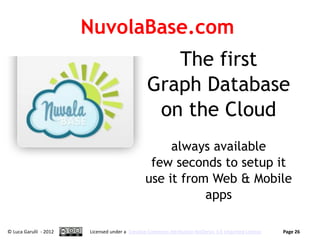 NuvolaBase.com
                                                    The first
                                                 Graph Database
                                                  on the Cloud
                                                     always available
                                                 few seconds to setup it
                                                use it from Web & Mobile
                                                           apps

© Luca Garulli - 2012   Licensed under a Creative Commons Attribution-NoDerivs 3.0 Unported License   Page 26
 
