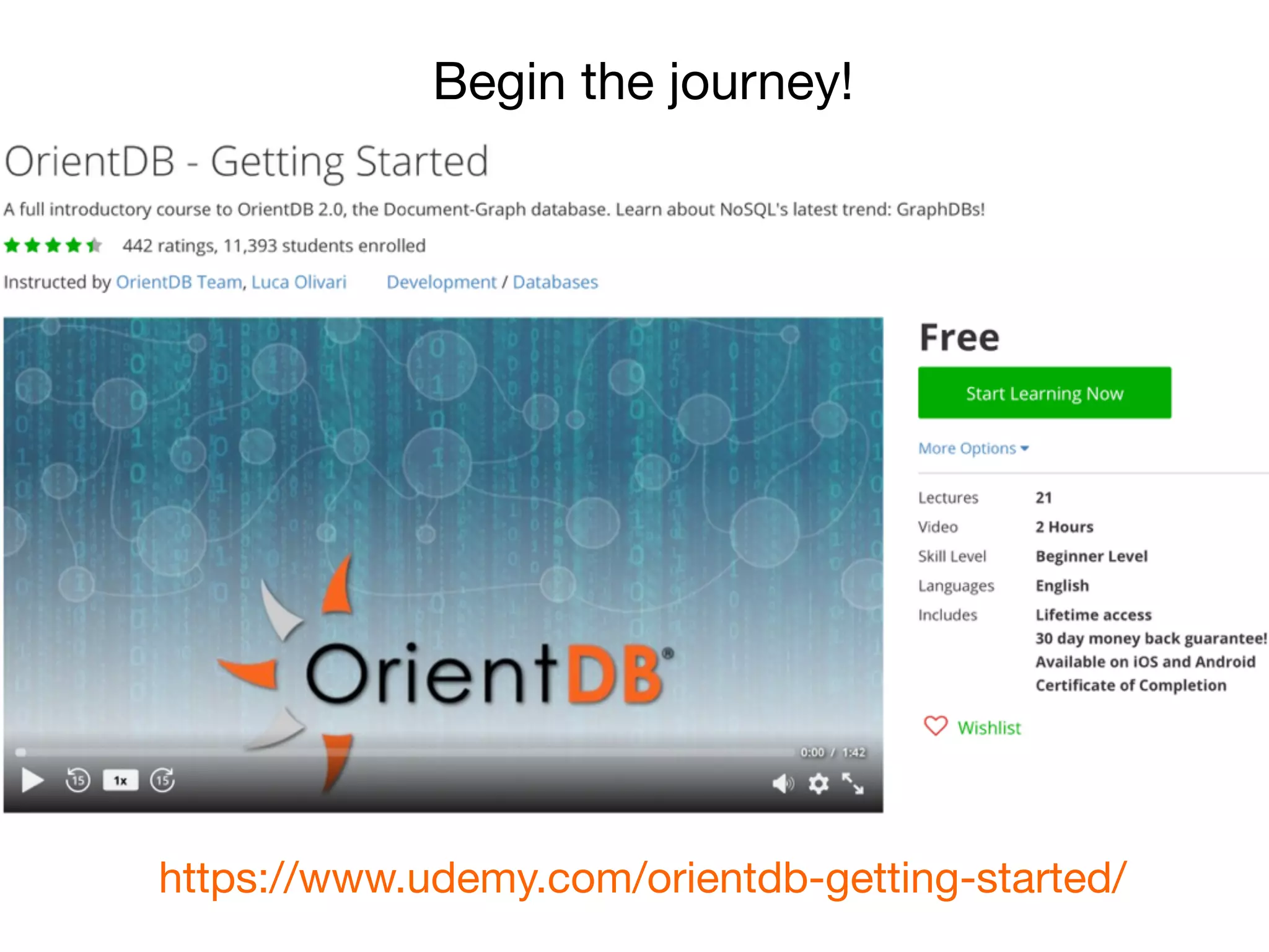 Begin the journey!
https://www.udemy.com/orientdb-getting-started/
 