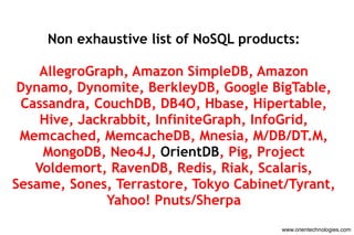 www.orientechnologies.com Non exhaustive list of NoSQL products: AllegroGraph, Amazon SimpleDB, Amazon Dynamo, Dynomite, B...