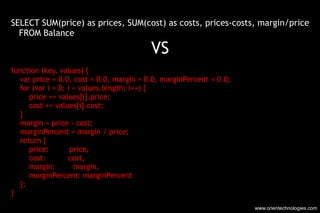 www.orientechnologies.com SELECT SUM(price) as prices, SUM(cost) as costs, prices-costs, margin/price FROM Balance VS func...