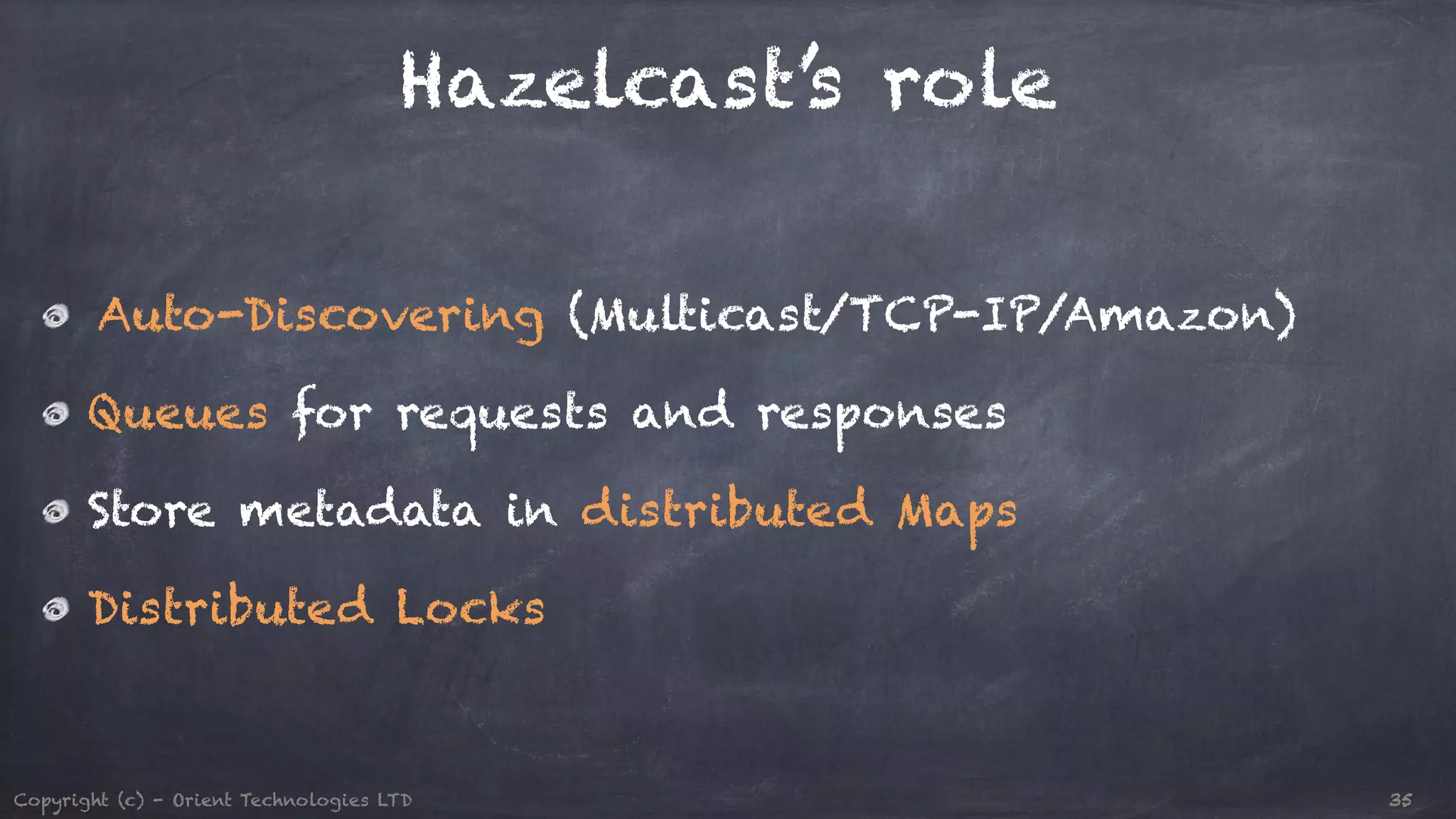 Hazelcast’s role Auto-Discovering (Multicast/TCP-IP/Amazon) Queues for requests and responses Store metadata in distributed Maps Distributed Locks Copyright (c) - Orient Technologies LTD 35 
